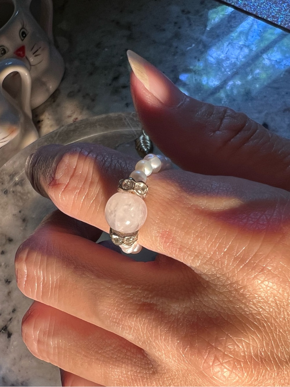 Vintage Rose Quartz and Pearl Stretch Ring like new! firm price